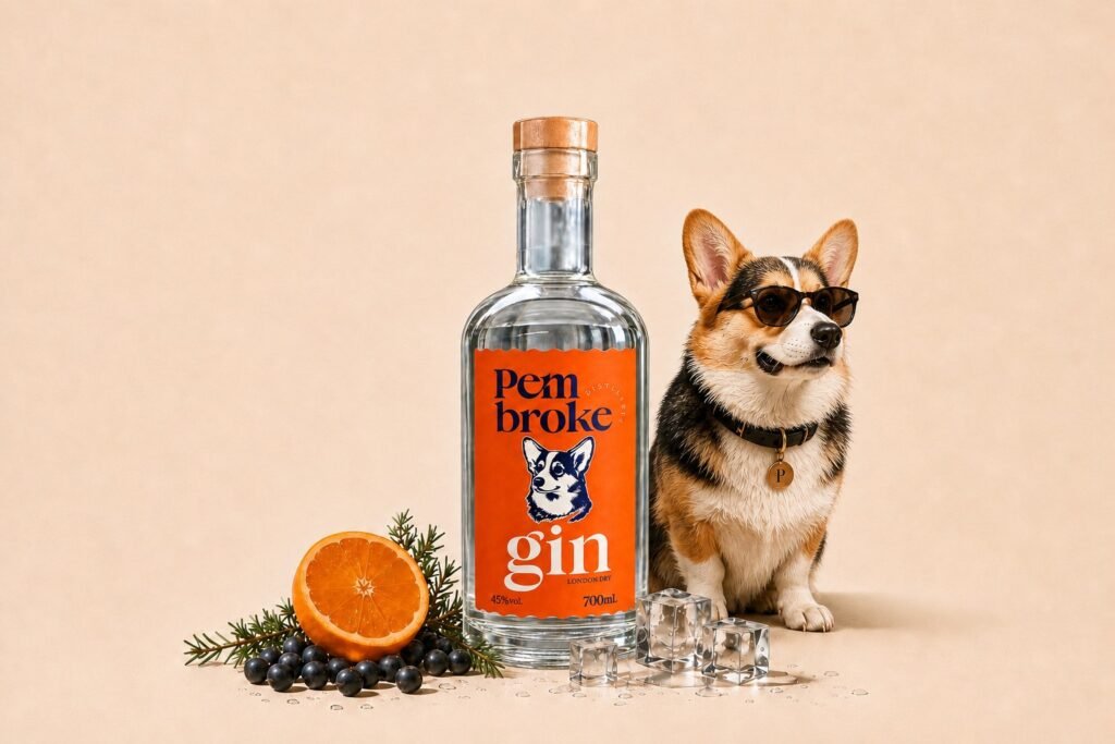 Gin Pembroke com o corgi de óculos escuros
