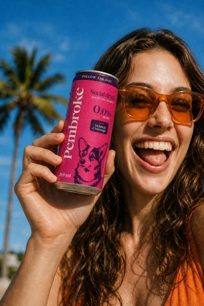 Mulher sorrindo com lata Pembroke Social Drink