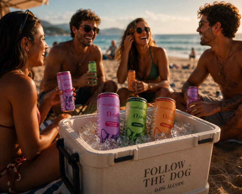 Amigos na praia com latas de Pembroke Social Drink
